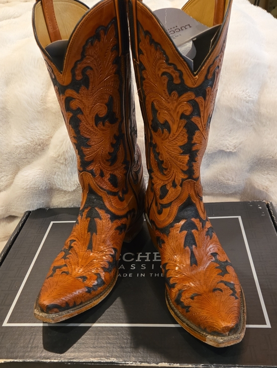 Lucchese Shoes - Lucchese Black And Brown Tooled Leather Cowboy Boots
